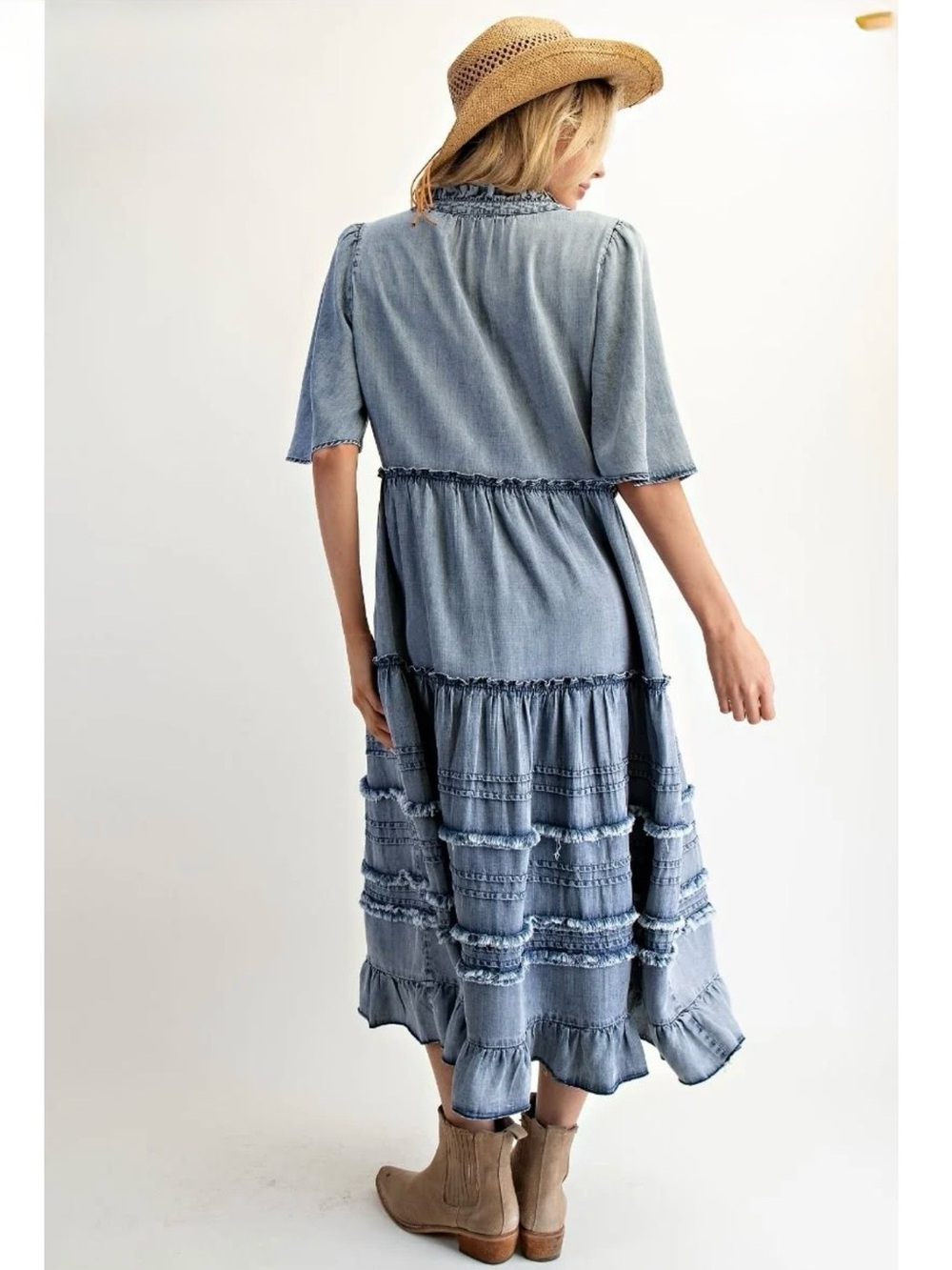 New: Easel Soft Chambray Wing Sleeve Tiered Flowy Denim Maxi Dress• Medium - Picture 3 of 5